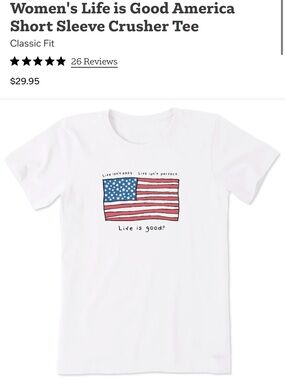 Life is Good Crusher Tee Classic Fit USA Patriotic Flag white top Sz Lg